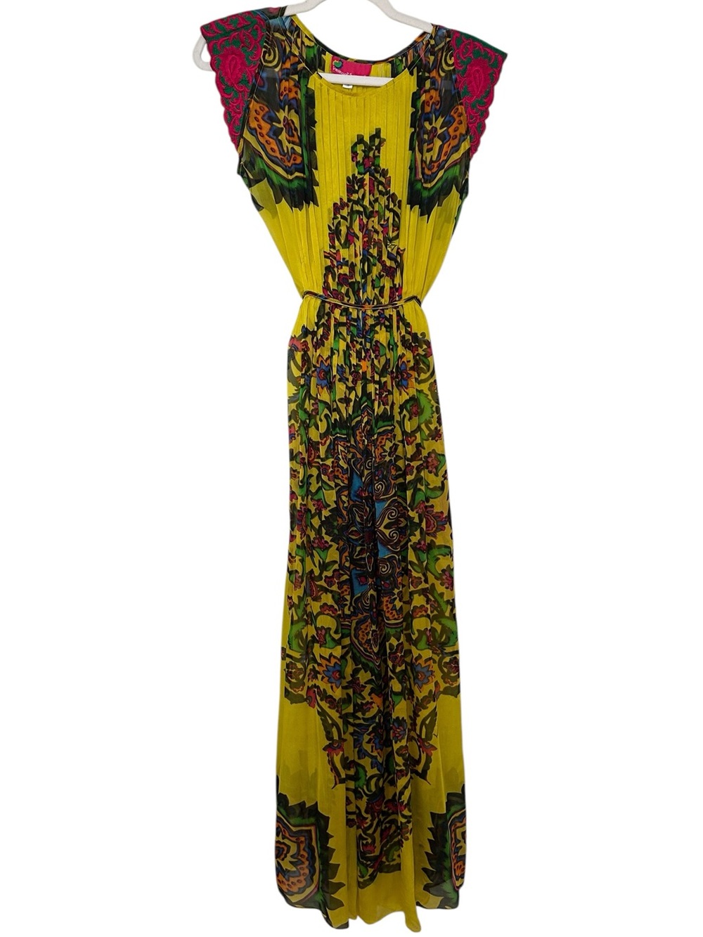 HEMANT & NANDITA Yellow Floral Print Maxi Dress with Pink Cap Sleeves - Picture 2 of 15